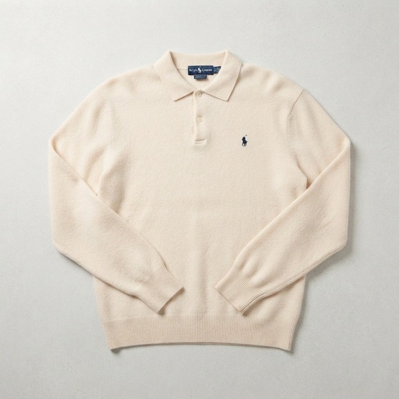 Polo Ralph Lauren Other - VINTAGE Polo Ralph Lauren 100% Lambswool Polo Sweater Italian Yarn Cream Large